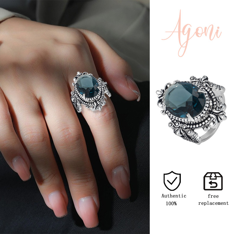 Cincin Topaz Biru Laut Oval Sintetis Hitam Perak Retro Baru