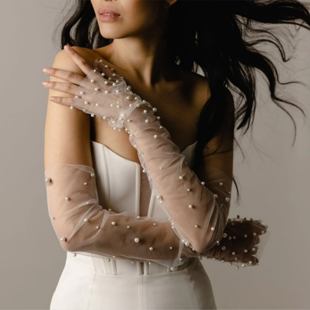 Manset lengan Bridal Fingerless Pearl Gloves Wedding Sleeves  NB501