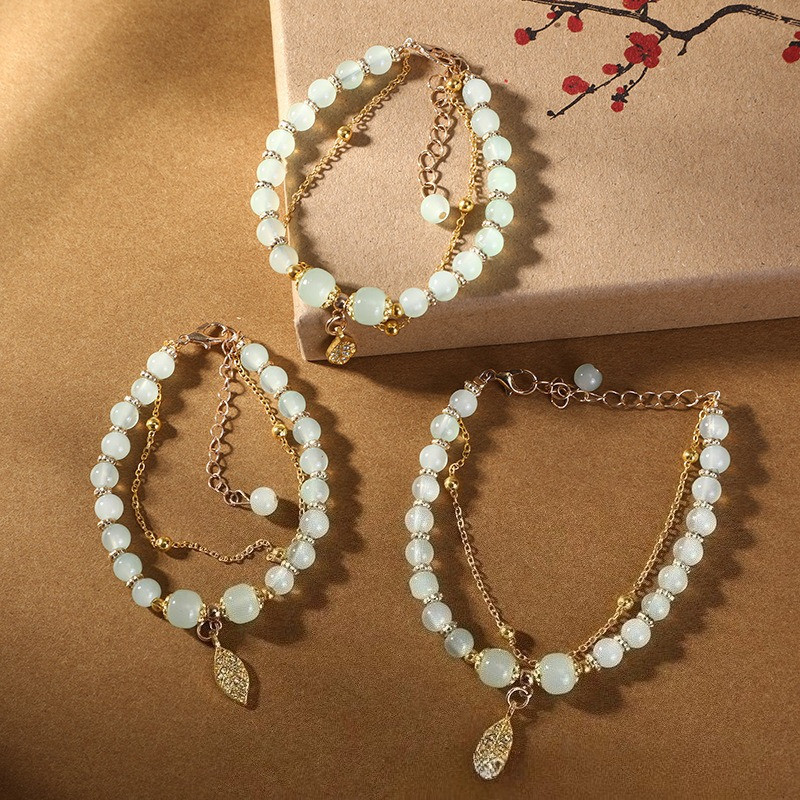 Gelang Manik-manik Batu Hetian-Giok Dan Daun Emas Mewah