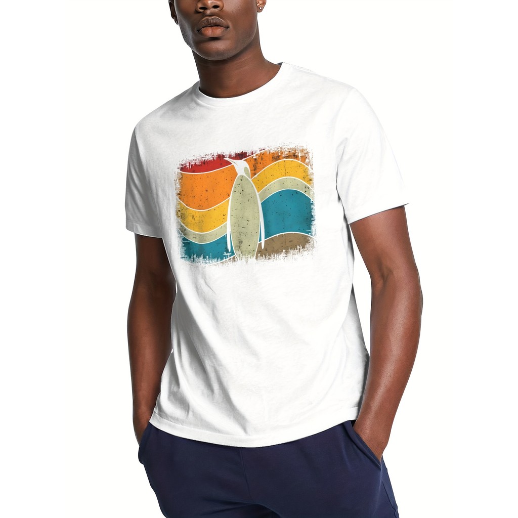 Kaos Pria Retro Pola Penguin Sunset - 100% Katun, Lengan Pendek, Pola Seni Geometris, Untuk Sehari-h