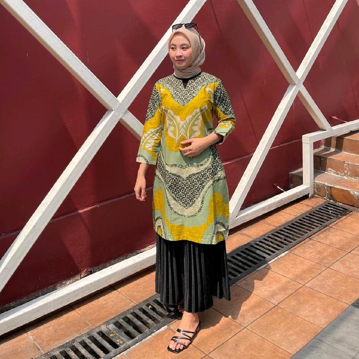 BIG SALE Batik Tunik katun motif kuning daun Hijau Kain batik  Wanita Nyaman - Tunik Daun Lemon, S