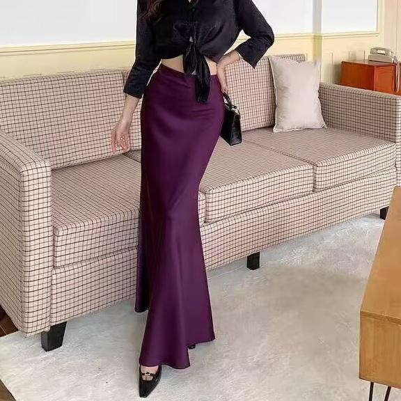 YURUMA Rok Maxi Satin S-6XL Rok Pensil Pinggang Tinggi Fishtail Panjang untuk Wanita - Ungu Tua, S