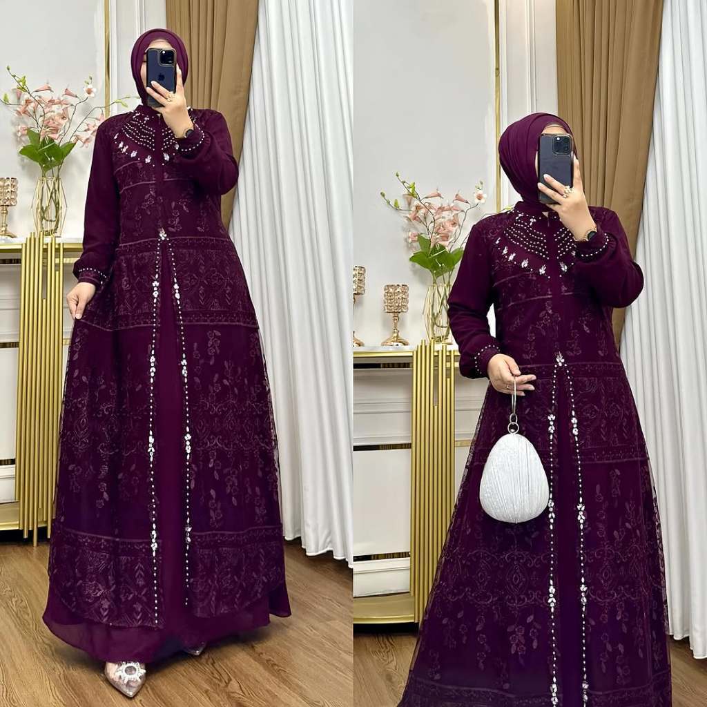 TERBARU Gamis Aqila Dress Matt Ceruty Babydoll Mix Brokat Payet / Gamis Lebaran 2025 Model Gamis Ter