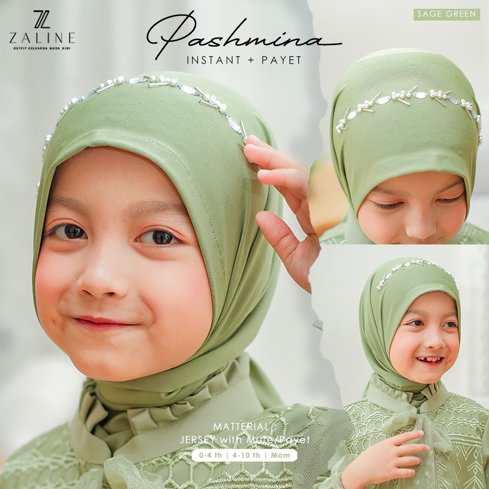 Hijab Pashmina Jilbab Segitiga Instan Pastan Anak Payet Sage Green Lebaran 2025 Bahan Jersey