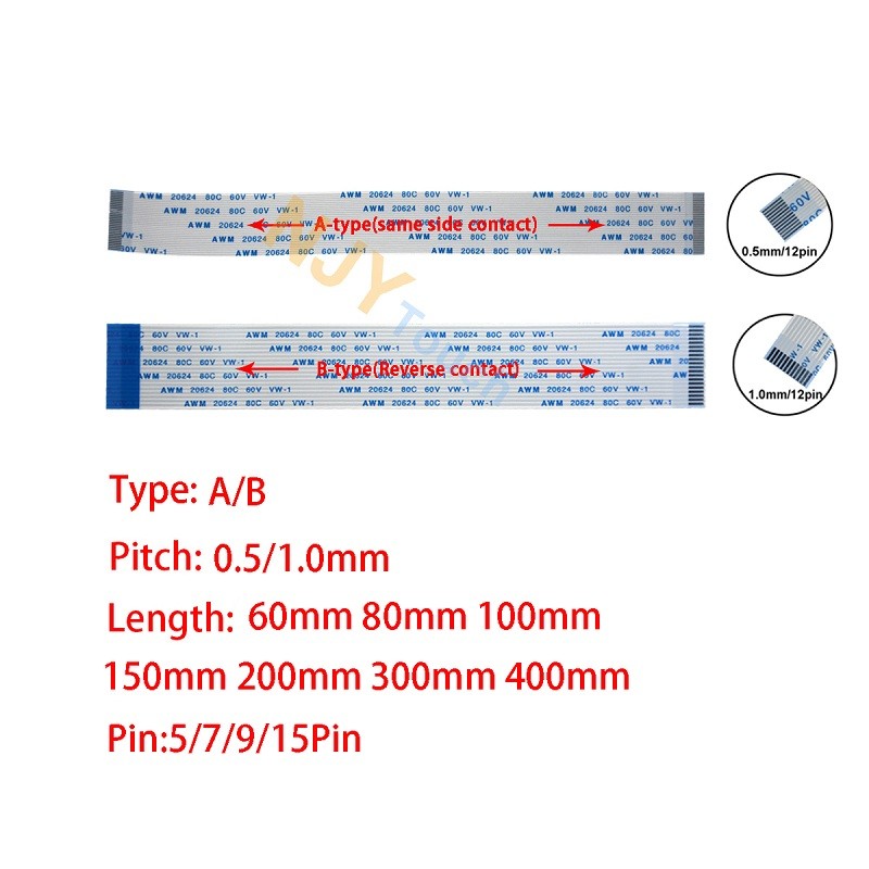5Pin 7Pin 9Pin 15Pin FFC FPC AWM 20624 80C 60V VW-1 0.5mm 1.0mm Kabel Fleksibel Datar 60-400mm