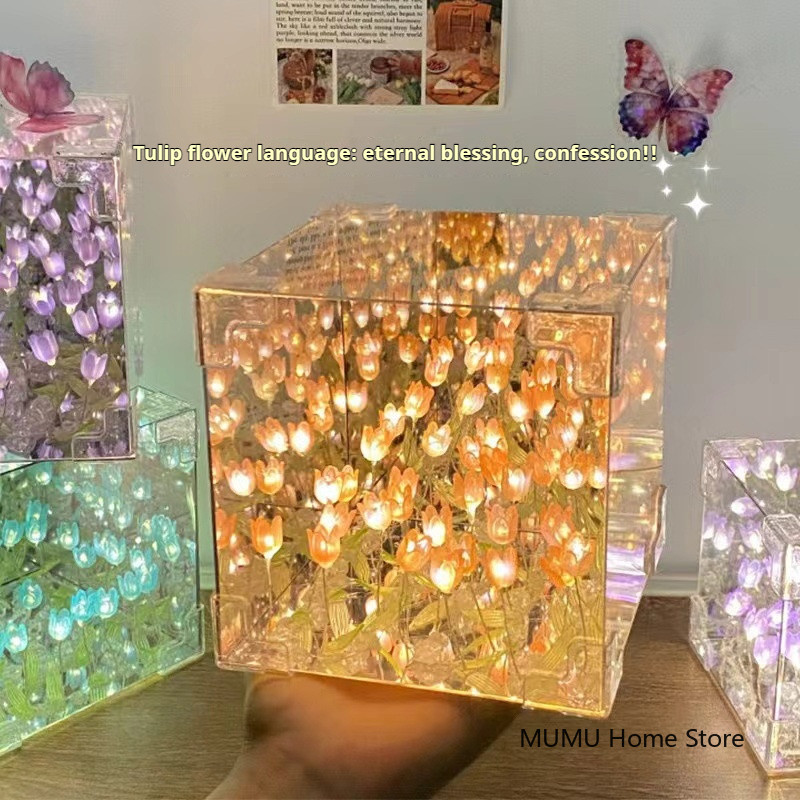 Y 3D Cloud Tulip LED Night Light Flower Sea Mirror Table Lamps Cube Mirror Atmosphere Night Light Be