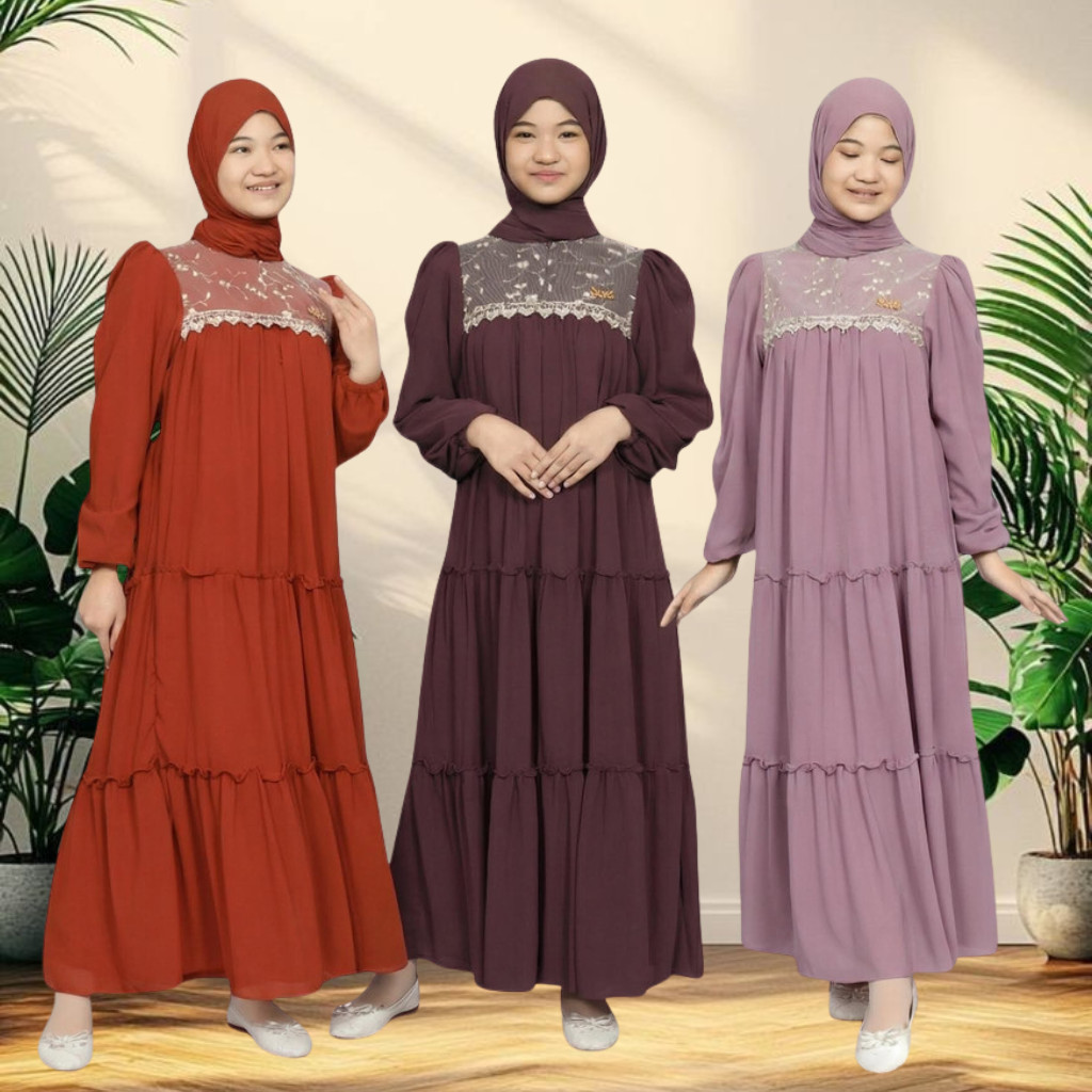 Gamis Anak Perempuan Tanggung Pesta Mix Brokat Ceruty Babydoll Baju Lebaran Brukat Remaja Trend Tren