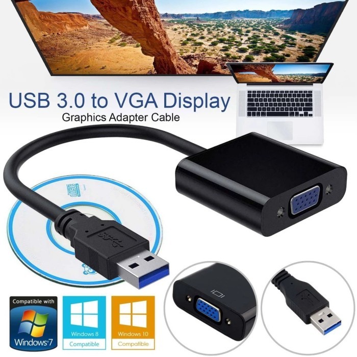 Adaptor USB 3.0 ke VGA Full HD 1080p Converter Display External Monitor Kabel 15cm Support Laptop PC