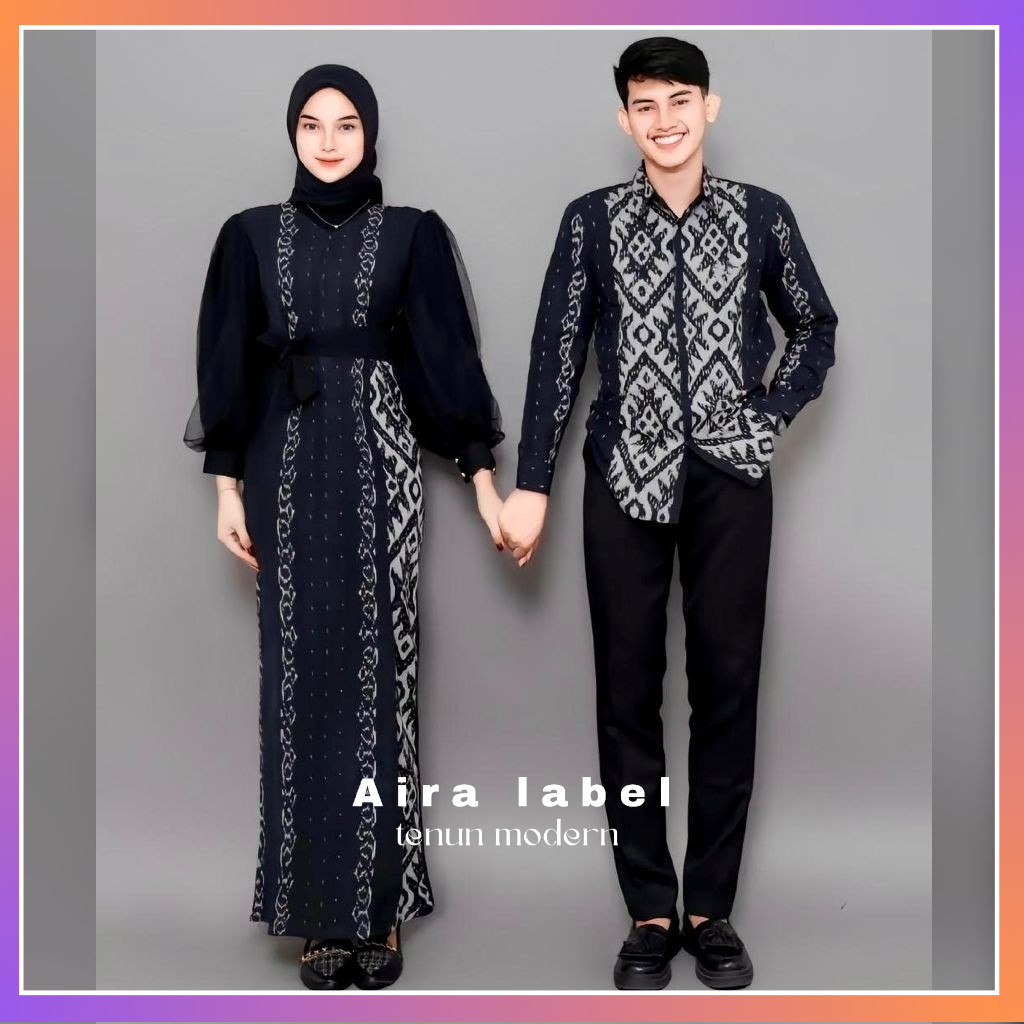 BAJU TENUN COUPLE NEW PADMA BLACK DRESS DAN KEMEJA Azzahra Tenun Ikat