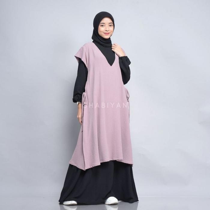 SHABIYAN-431 Gamis Wanita Set Dress Cardigan Panjang Muslimah - Black Crinkle, S (Remaja)