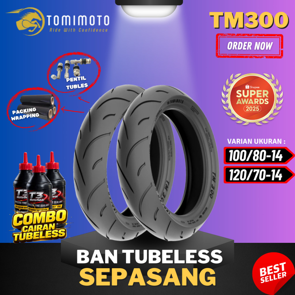 [SEPASANG MURAH] BAN TOMIMOTO TM300 RING 14 / ( 100/80-14 & 120/70-14 ) BAN TOMIMOTO TUBELESS TUBLES