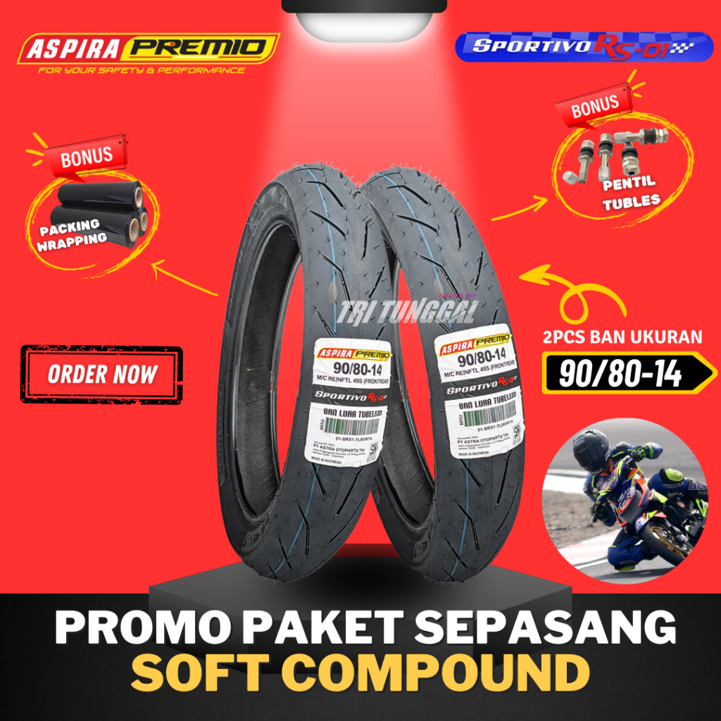 [PAKET SEPASANG] BAN ASPIRA PREMIO SPORTIVO RS01 RING 14  TUBELESS SOFT COMPOUND ( 90/80-14 ) / BAN 