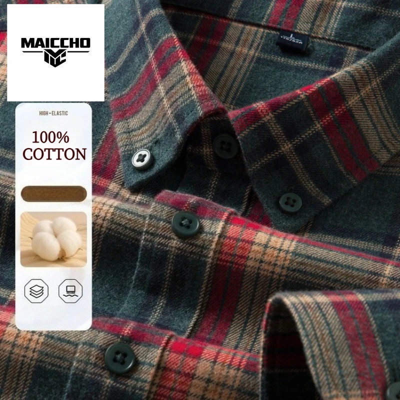 100% Cotton Flannel Shirt Men's, Plaid Casual Jacket, Anti-Wrinkle, Multi-Color Gold Quality Long-St