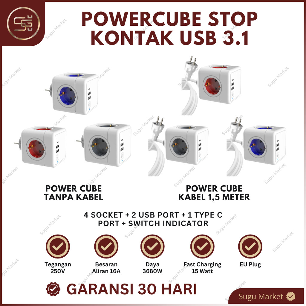 SOPEND Stop Kontak USB Fast Charging | Powercube Stop Kontak Kabel 1,5 Meter| Powercube Extended USB