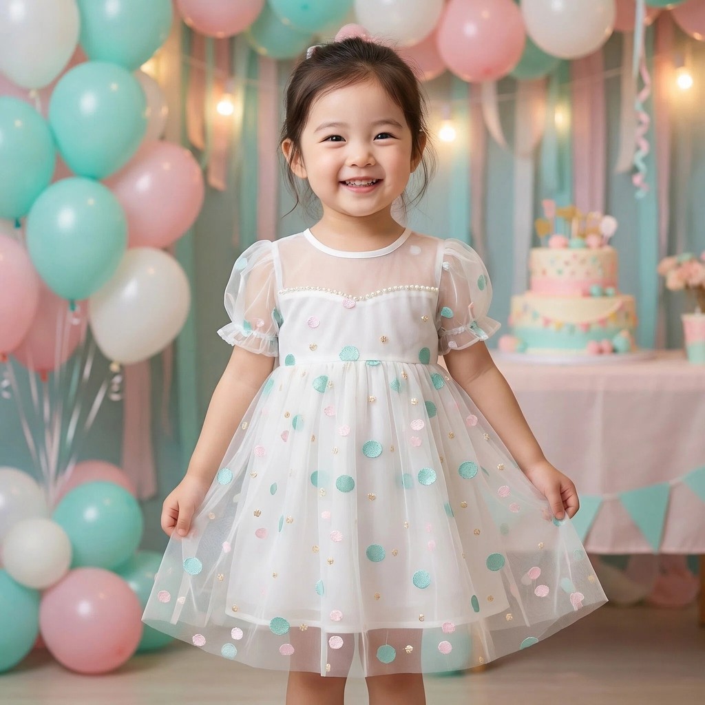 fyzskids    CH013 Dress Anak Perempuan – Gaun Tile Polkadot Warna Pastel, Lengan Puff Transparan Luc