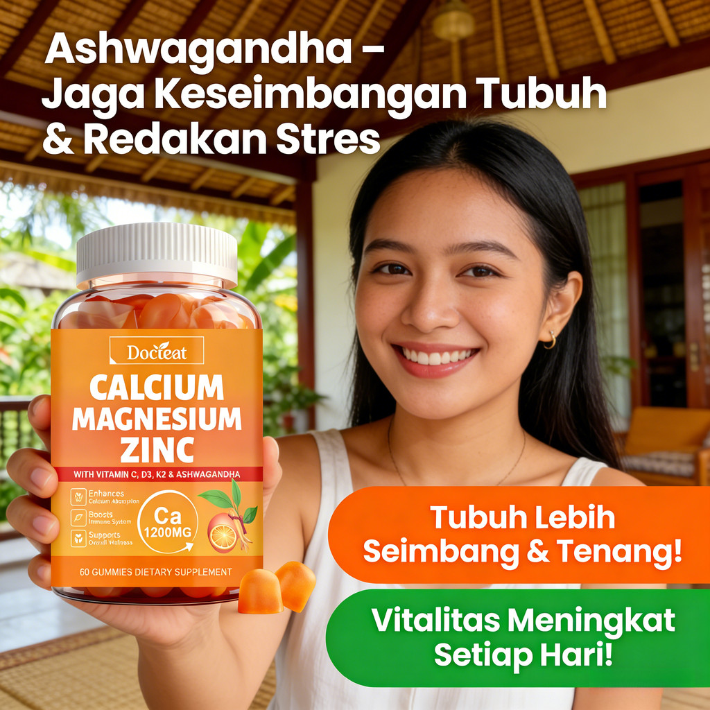 Docteat Calcium Magnesium Zinc Gummies – Kalsium, Magnesium, Zinc + Vitamin C, D3, K2 & Ashwagandha 
