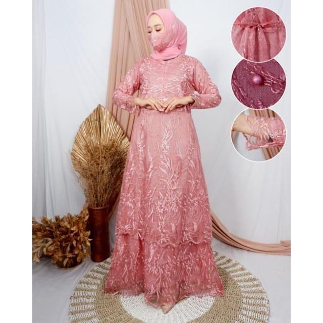 GAMIS BUSUI AMIRA FULL BRUKAT TILE TINGKAT FREE MASKER BRUKAT / GAMIS FULL DEPAN BELAKANG BRUKAT TIL