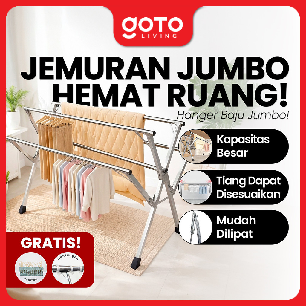 Goto Mula Tiang Jemuran Hanger Baju Pakaian Lipat Handuk Portable