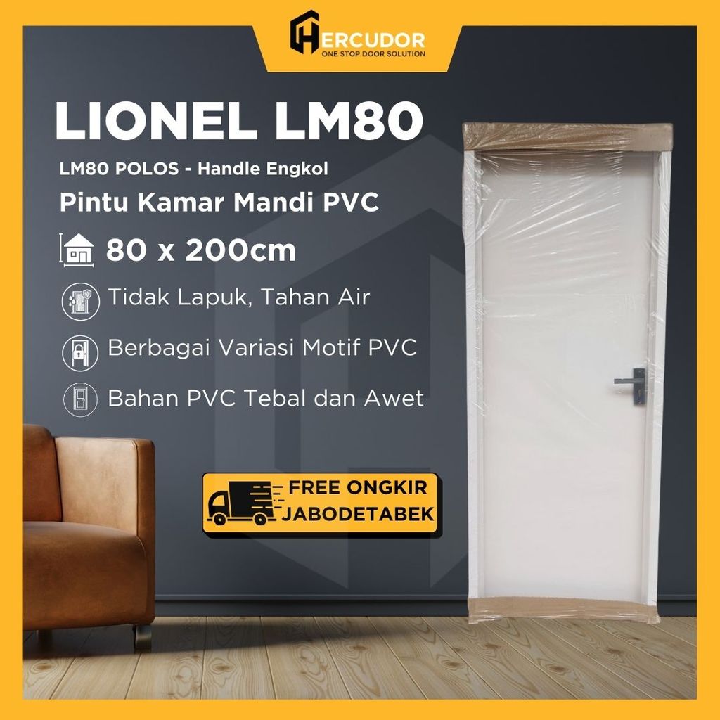 LIONEL LM80 - Pintu Kamar Mandi PVC Tebal 80x200 LM80 - Polos + Handle Engkol