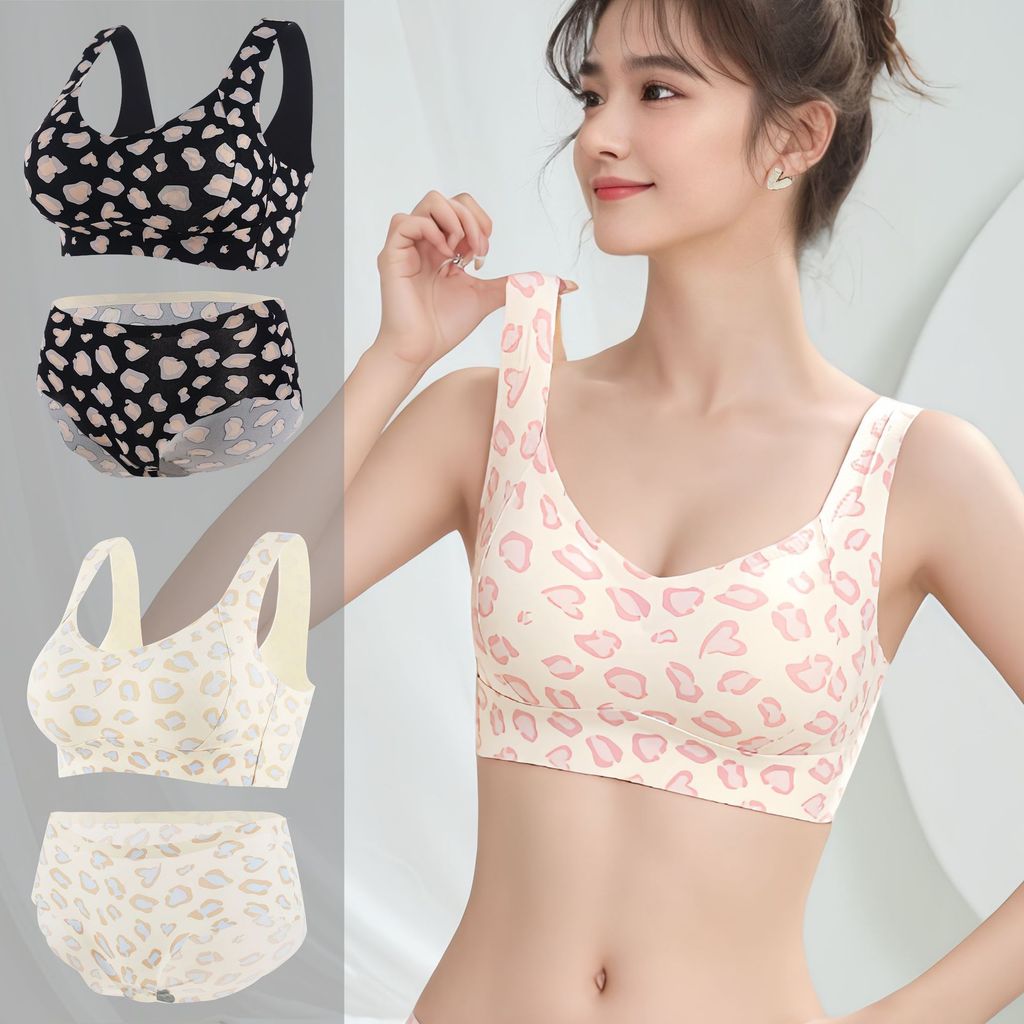 Aura Intim Set Bra Tanpa Kawat Motif Leopard Tanpa Jahitan untuk Wanita, Mengangkat dan Mendorong