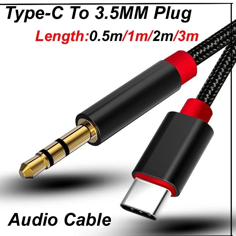 Kabel Adaptor USB-C ke Jack Audio 3.5mm Male, Panjang 0.5m/1m/2m/3m untuk Ponsel, Xiaomi, Earphone, 