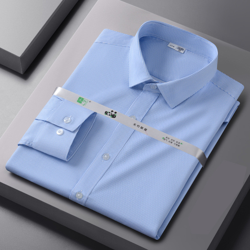 Kemeja pria lengan panjang bergaris serat bambu, kemeja kerja profesional bisnis yang kasual dan ber
