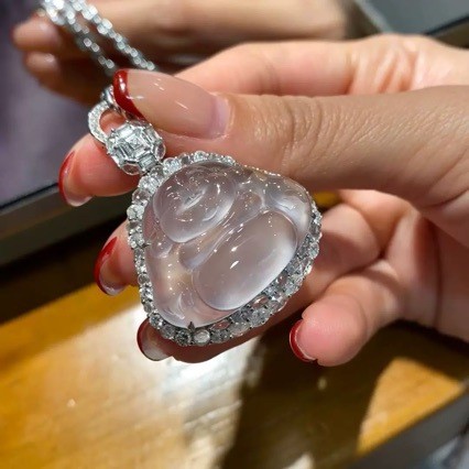 Liontin Buddha dari batu giok kaca Myanmar liontin Buddha Maitreya dari batu giok es putih alami lio