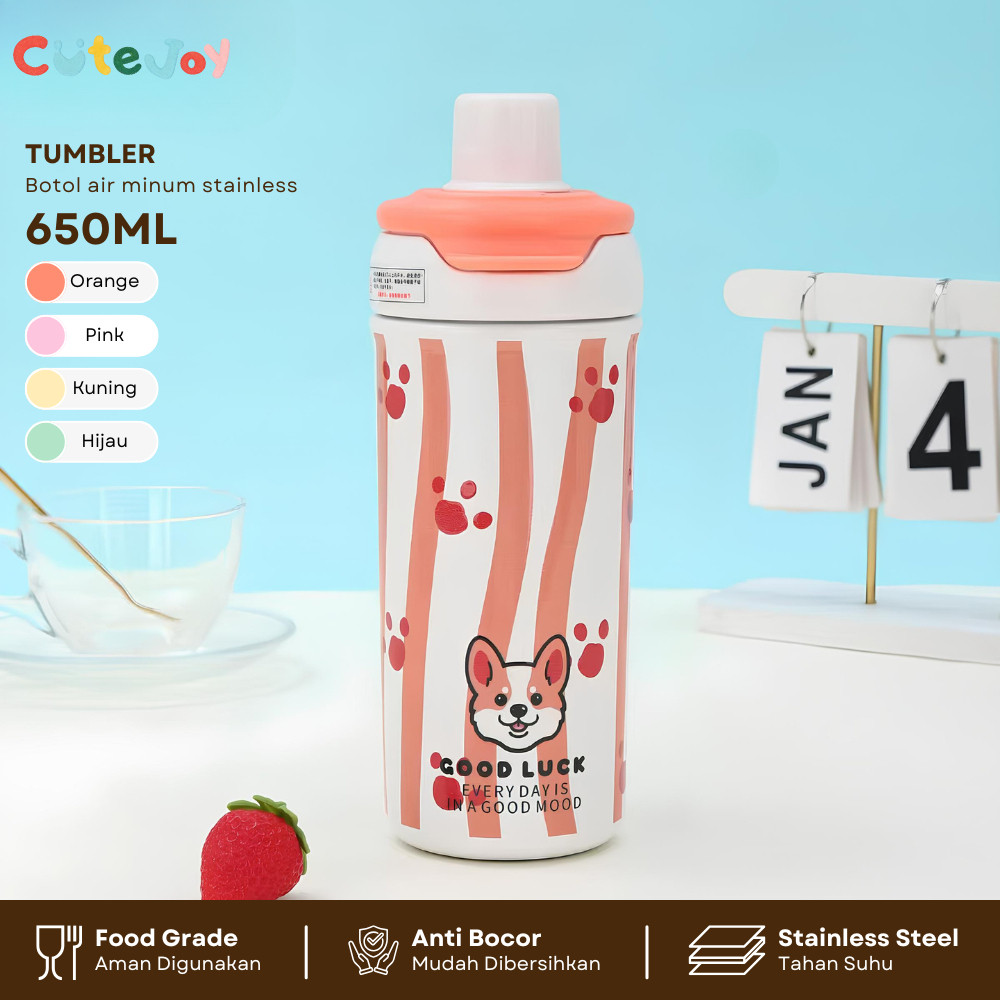 CUTE JOY Tumbler Botol Minum Aesthetic Lucu 650ML Anti Tumpah dan Tahan Dingin Stainless Steel 316 -