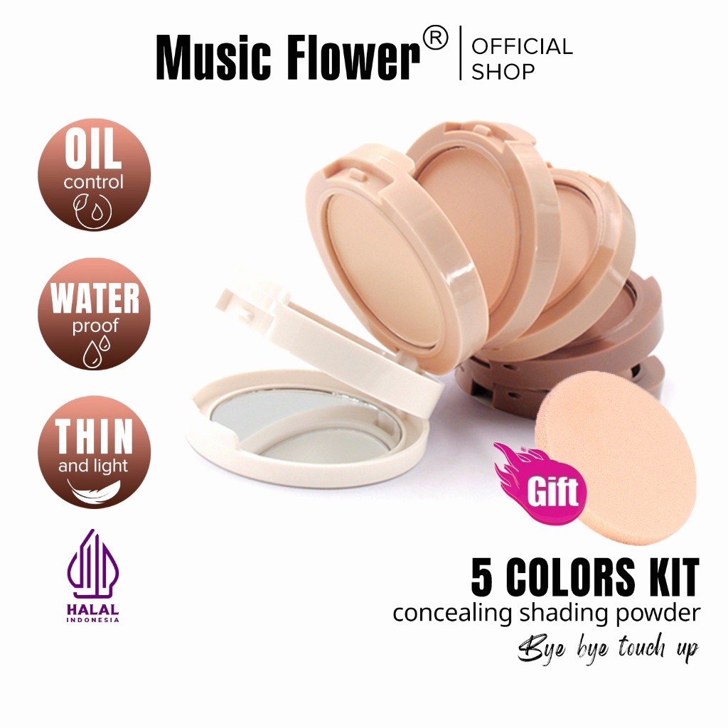 MUSIC FLOWER 5-in-1 Color Kit: Concealer + Shading Powder + Contour, SPF 30 PA++, 24 Jam Tahan Lama,