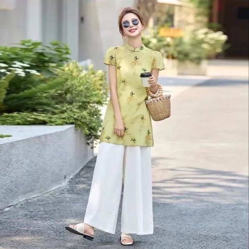 Set Pakaian Wanita: Atasan Cheongsam + Celana Lebar, Busana Musim Panas Bermotif