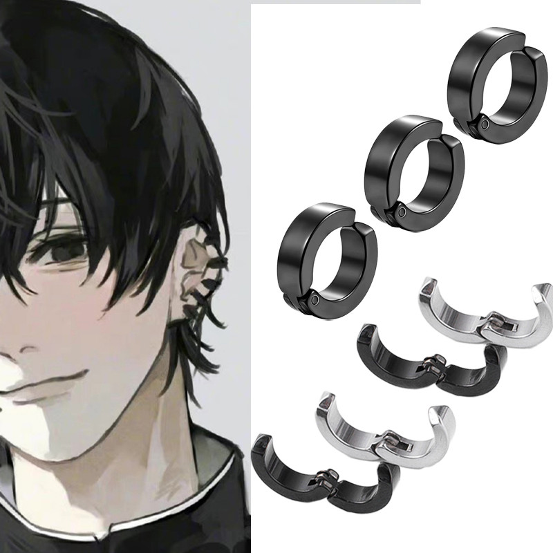 2pcs Anime aaw Man Yoshida Hirofumi Cosplay Ear Clip Earrings Women Men Punk Black No Pierced Fake E