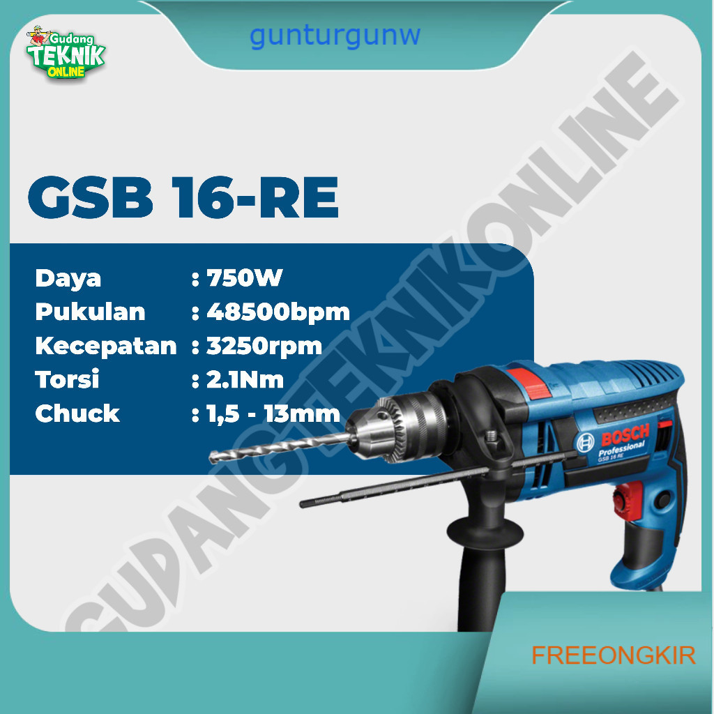 Impact Drill 16mm BOSCH GSB16RE / Mesin Bor Tangan Besi Beton Kayu 16 mm GSB 16 RE - Bor Tangan LIST