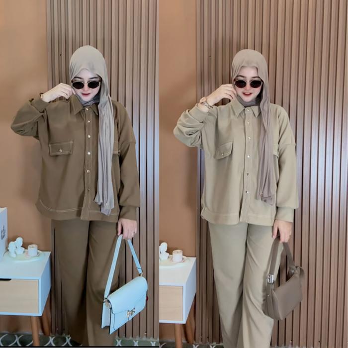 JS - Clara Setcel - Setelan Knit Panjang Wanita Remaja Atasan Kancing Depan Celana Kulot Bahan Knit 