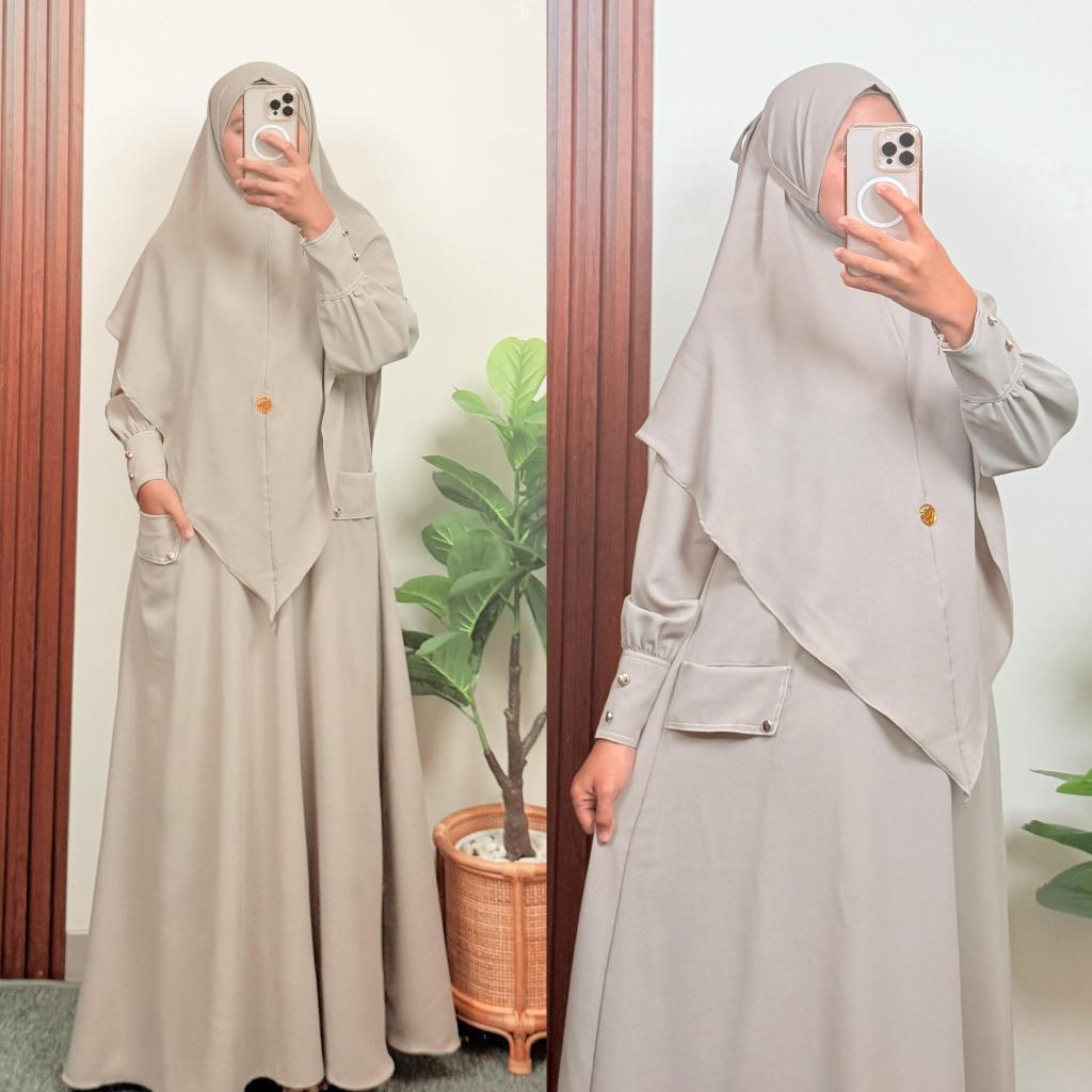 Set Gamis Daily Warna Sage Green Kekinian Bahan Crinkle Airflow Include Pashmina Ceruty Flowy.