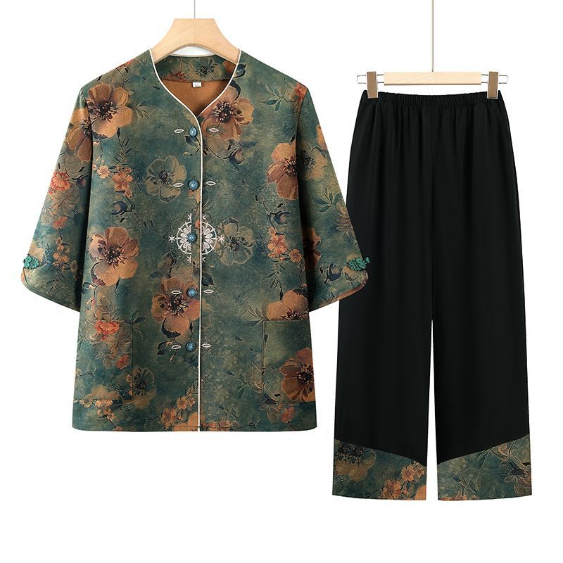 Setelan Musim Panas Wanita Lansia Dua Potong Cardigan Baju Kakek Nenek Warna Solid