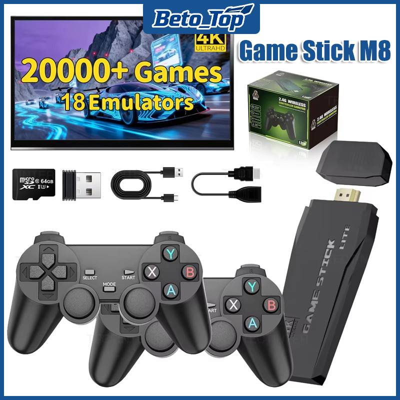 Game Stick M8 Game Console Wireless Gamepad 4K PS 2 Full Game + Stick 2 Console Wireless Gamepad 64G