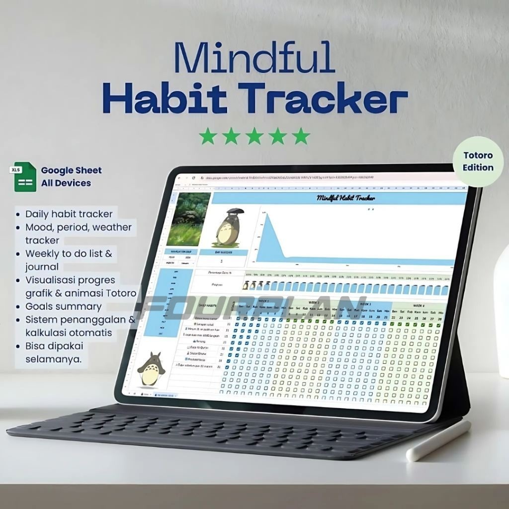 Mindful Habit Tracker Totoro Sheet | Mood Tracker, Daily Planner & Goals Journal Lucu