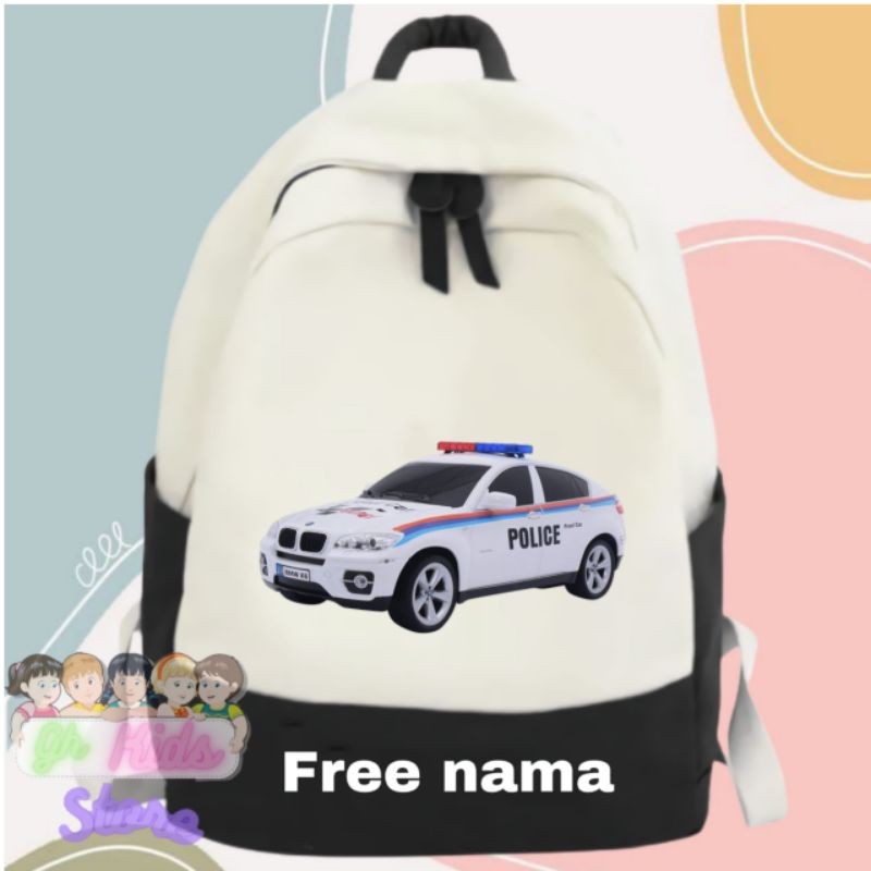 TAS RANSEL ANAK SEKOLAH GAMBAR MOBIL POLISI WARNA PUTIH FREE NAMA TAS ANAK RANSEL