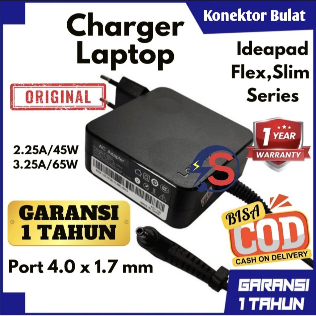 Adaptor Charger Laptop Lenovo 100% Original Small Plug Pin Bulat Ideapad 100 100-14 110 110S 120 130