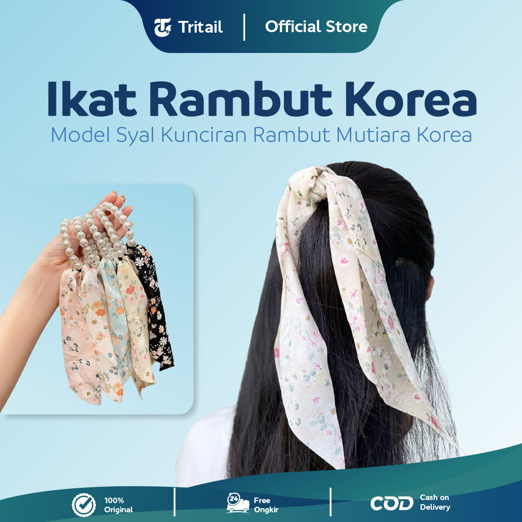 Tritail - Ikat Rambut Korea Mutiara Model Syal / Kunciran Rambut Mutiara Motif Korea