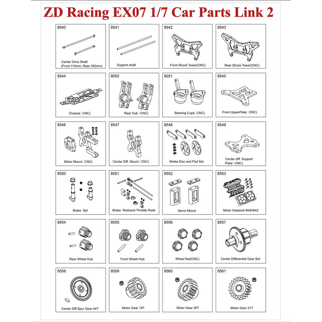 ZD Racing EX07 17 RC Car Spare Parts Drive Shaft Chassic Shock Tower  Wheel Hub fferential Steering 