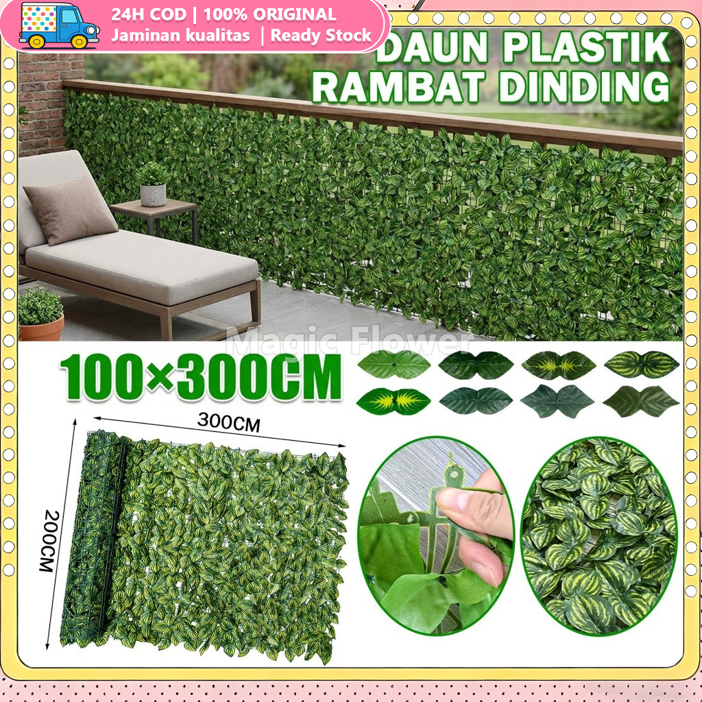 Rumput Buatan Dinding Plastik 1M X 3M Dilengkapi Daun Rambat Sintetis Dekorasi Pernikahan Outdoor