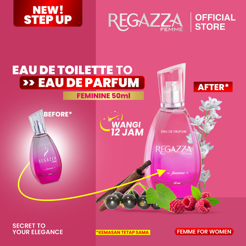 Regazza Femme Eau De Parfum (EDP) Feminine (Pink, 50ml) Parfum Wanita Tahan Lama dan Wangi