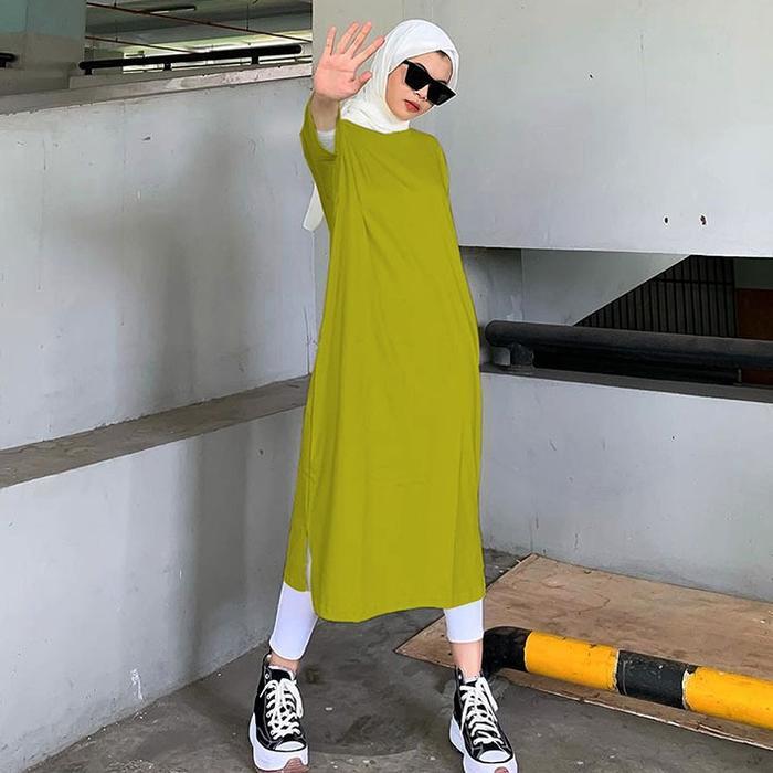 Tunik Oversize Midi Dress Basic Polos Bahan Babyterry Ld 130cm Tunik Muslim Wanita Dewasa Atasan Pan