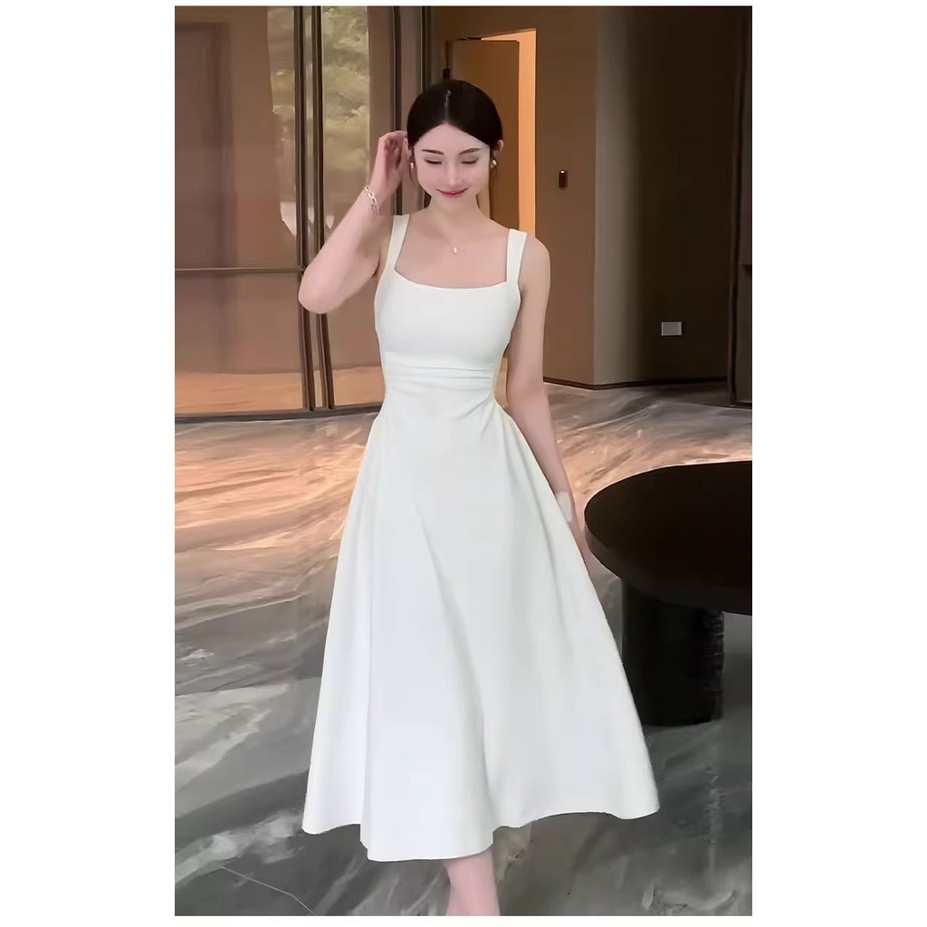 SERESHOP Meirong baju dress putih pantai panjang korea style white dress santai tanpa lengan well ov
