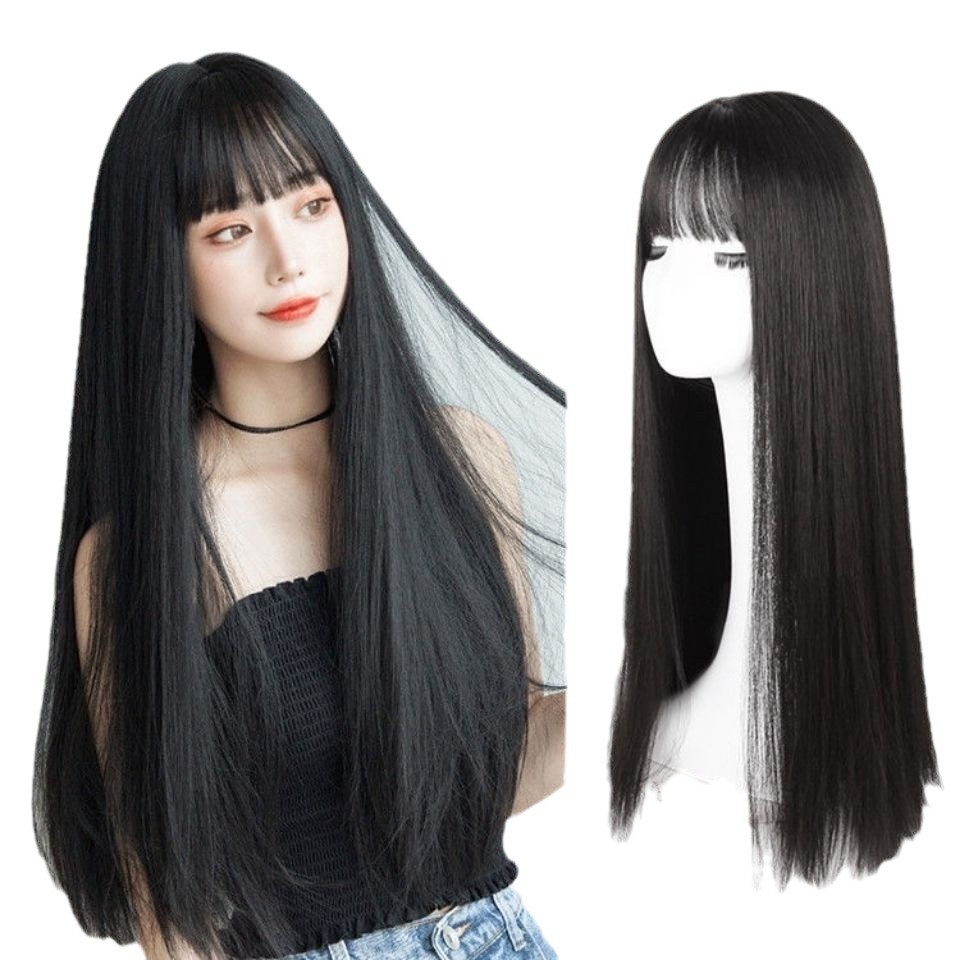 Mirarose08 - Wig Rambut Hitam Wig Rambut Panjang Poni Set Wig  70 Cm wig rambut panjang lurus