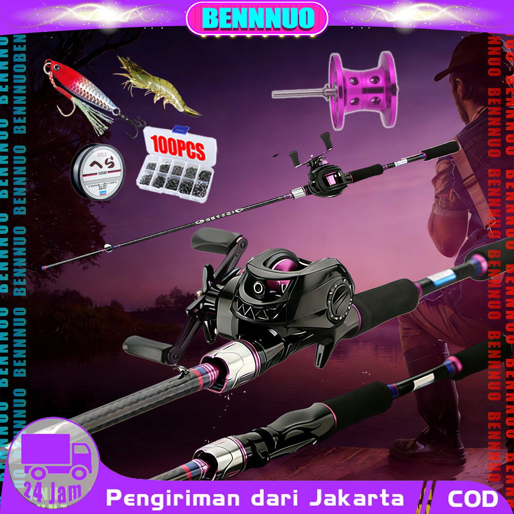 Beli 1 Dapat 6 Ungu AK200 BC Joran Pancing Set Paket Murah Peralatan Memancing 1.6-2.4M Pancing 1 Se