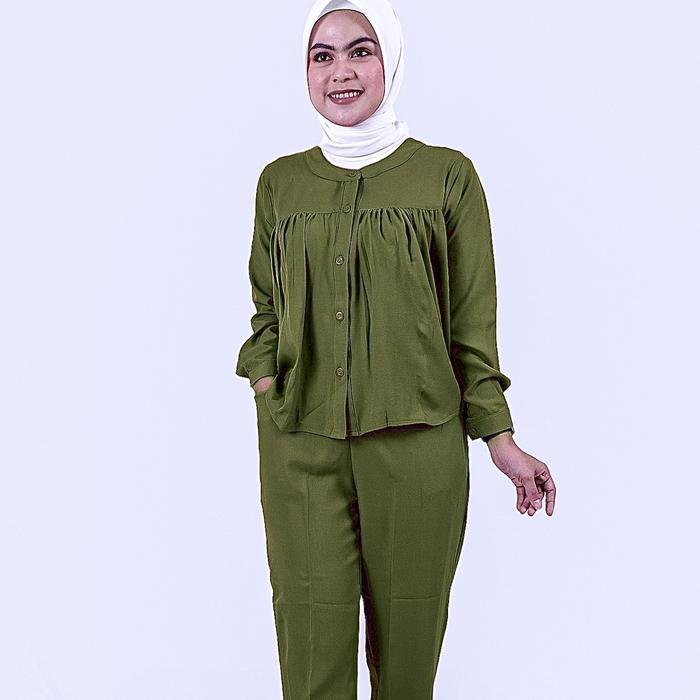 CLOTIVA Kirana One Set Shakila - Setelan Wanita Baju Celana Kantong Katun Muslim Panjang Dewasa Tuni