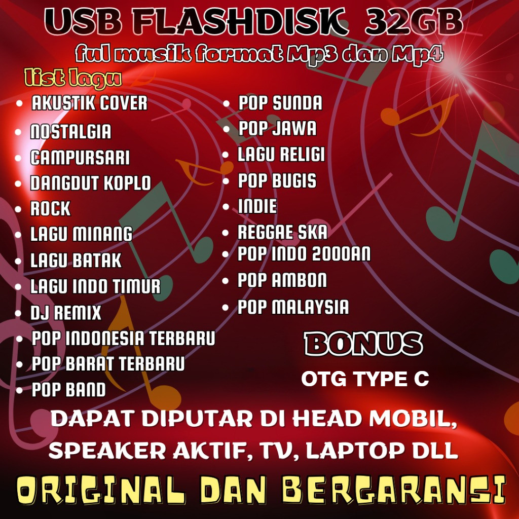 Flash disk Lagu Bonus OTG MP3 Dan MP4 32GB Isi 2000+ Lagu Pop Dangdut Rock Religi Nostalgia Mobil TV