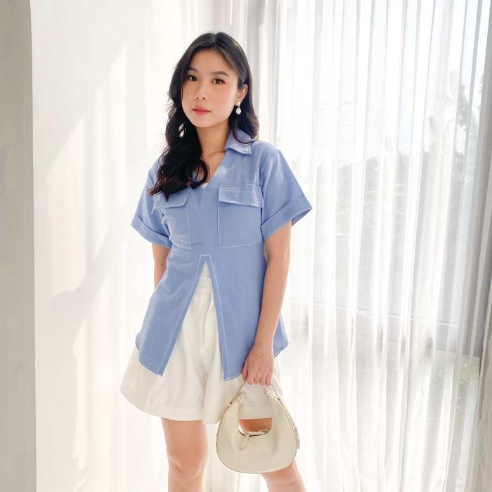 Vivi Slit Shirt Kemeja Kantor Wanita Lengan Pendek Linen - Baby Blue, Allsize
